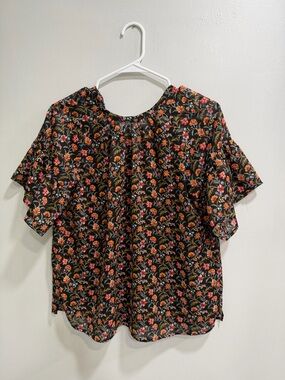 LOFT Black Floral Flutter Sleeve Blouse
